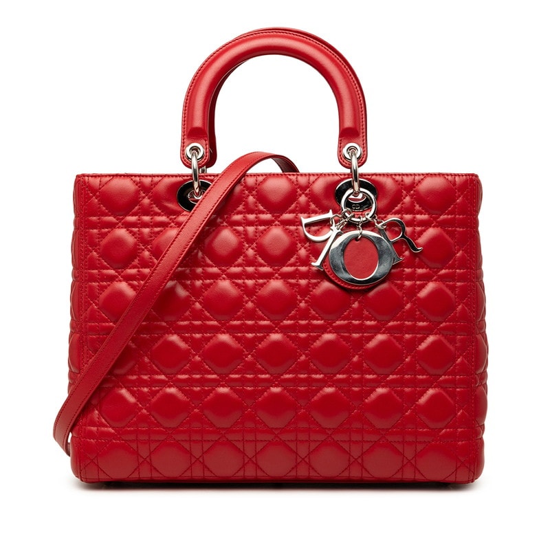 ディオール カナージュ レディディオール ラージ ハンドバッグ ショルダーバッグ 2WAY レッド ラムスキン レディース Dior 【中古】