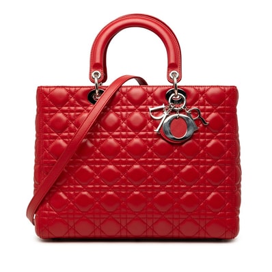 ディオール カナージュ レディディオール ラージ ハンドバッグ ショルダーバッグ 2WAY レッド ラムスキン レディース Dior 【中古】