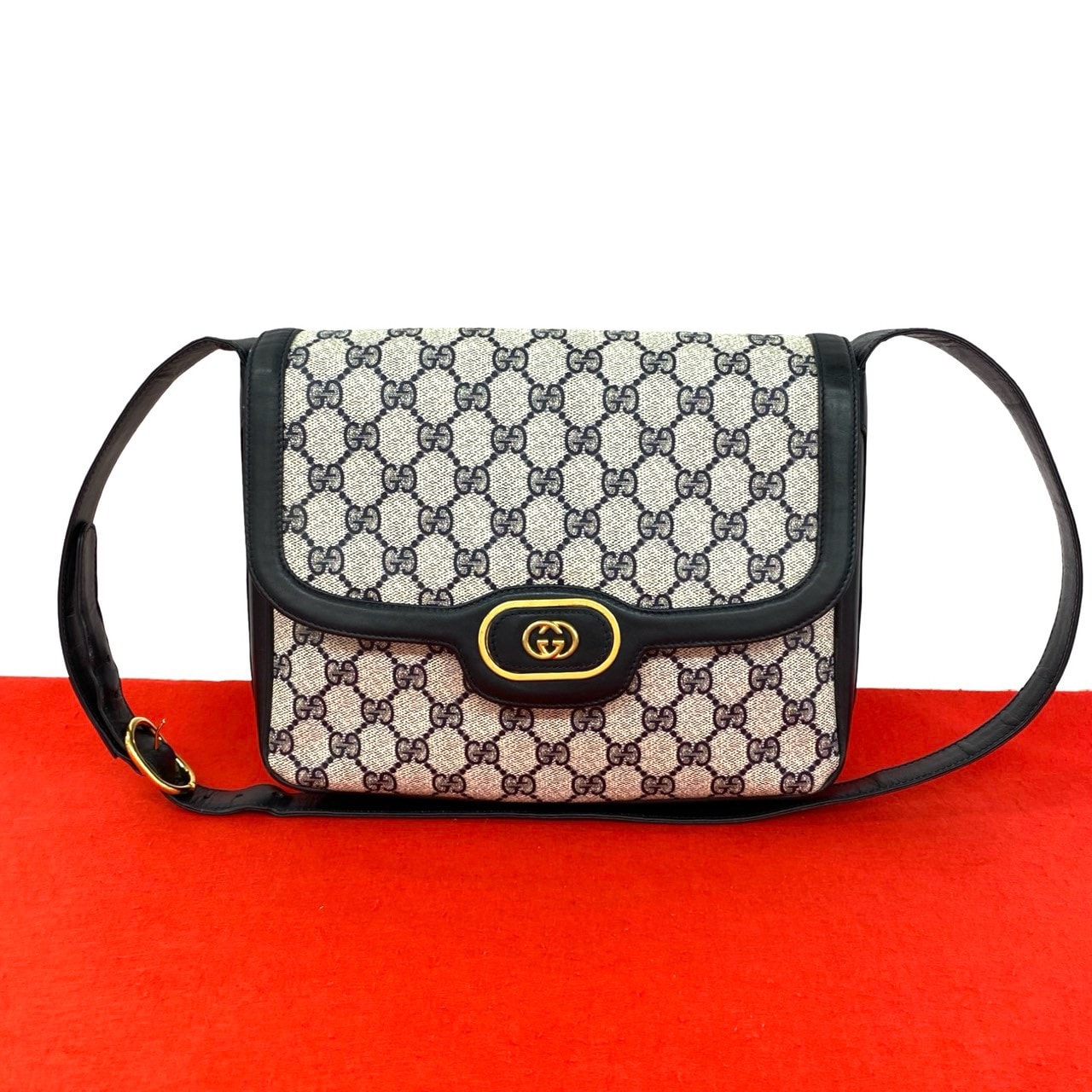 GUCCI グッチ GG ロゴ 柄 金具 レザー PVC ショルダーバッグ ネイビー
 07432