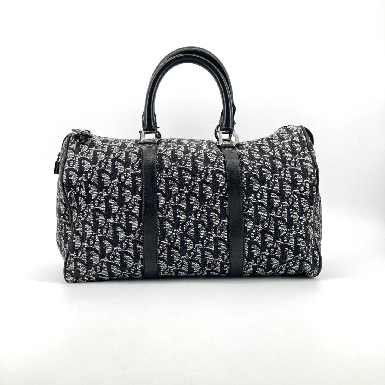 Christian Dior(クリスチャンディオール) トロッターデザイン ゴールドDロゴ レザー ミニボストンバッグ ネイビー×ブラック×ゴールド