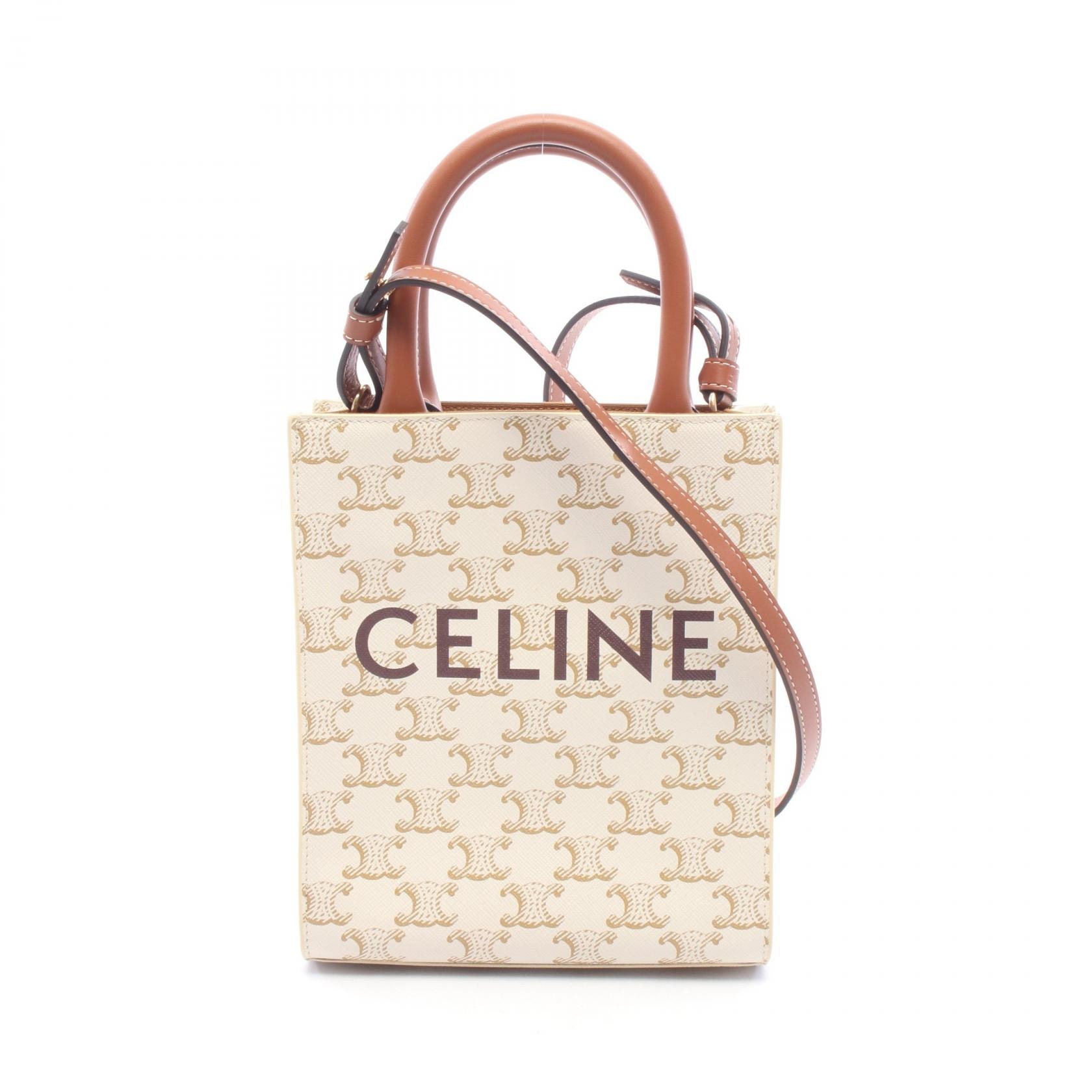 セリーヌ CELINE ミニ バーティカル カバ トリオンフ 2WAY ハンドバッグ バッグ PVCコーティングキャンバス レザー レディース アイボリー系 / ブラウン系 【中古】