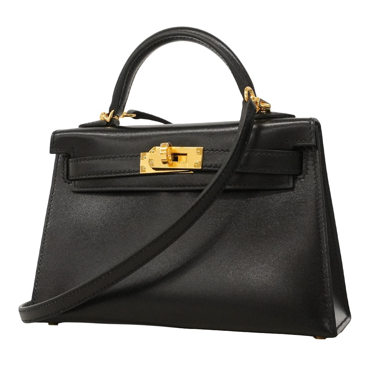 ★SALE【6hd4404-g】エルメス ハンドバッグ ミニケリー2 ボックスカーフ ブラック ゴールド金具 K刻印 2wayバック【中古】レディース