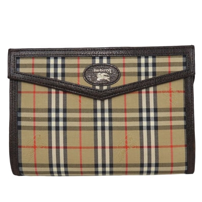 【中古】 バーバリーズ ポーチ ノバチェック キャンバス レザー ベージュ ダークブラウン 小物入れ クラッチバッグ レディース 女性 Burberrys