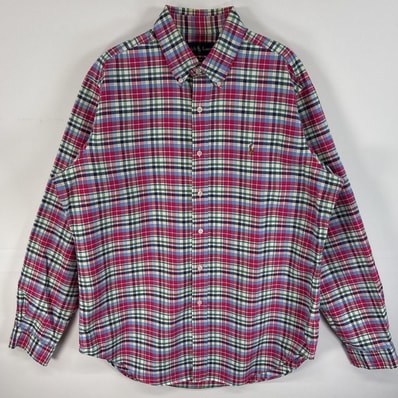 古着 90's/90年代 ラルフローレン RALPH LAUREN 長袖シャツ チェック ボタンダウンシャツ ロゴ 刺繍 L ピンク系 マルチカラー メンズ