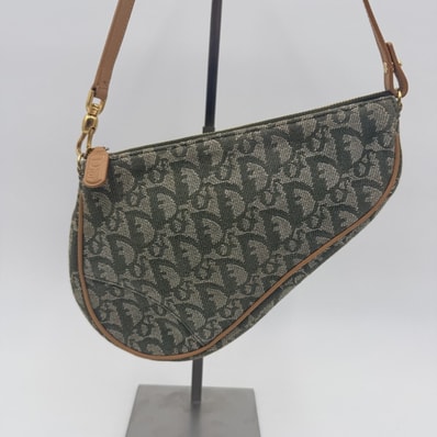 DIOR(ディオール)トロッター サドルバッグ ショルダーバッグ 総柄 キャンバス グリーン レザー ゴールド金具 レディース【中古】