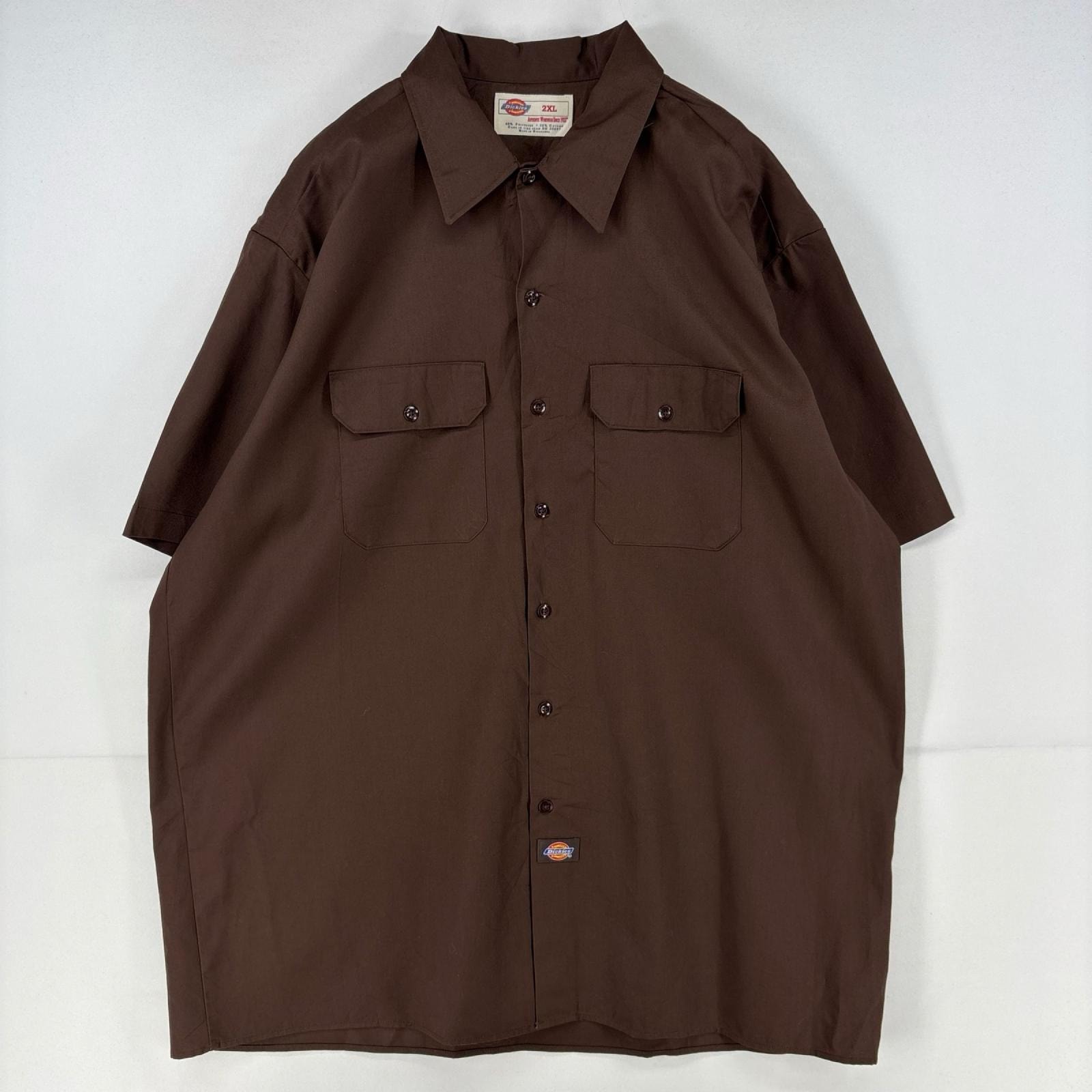 古着 ディッキーズ Dickies 半袖シャツ ワーク 胸ポケット 大きいサイズ 作業着 ワンポイント 2XL  ブラウン 無地 メンズ