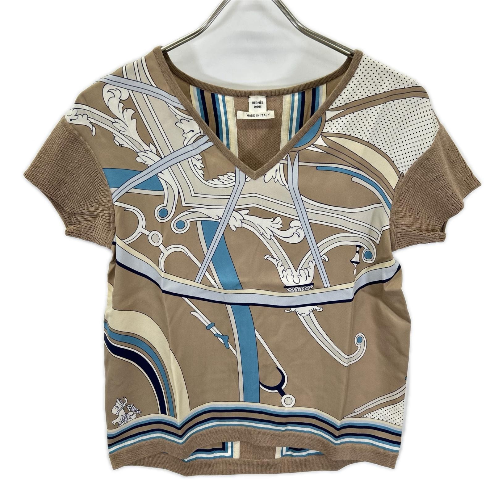 エルメス 19SS シルクプリント ニット切替 Vネック トップス 36