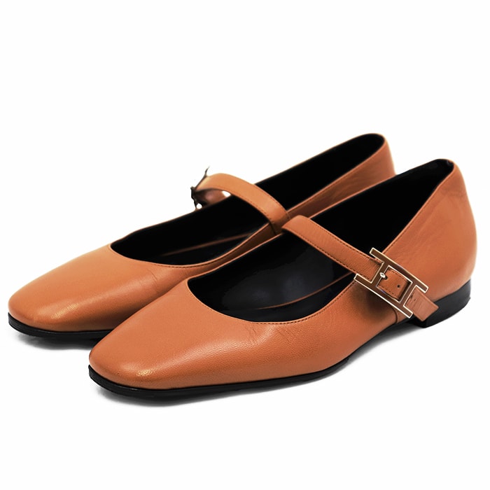 [상태좋음] HERMES 에르메스 제인 펌프스 사이즈 35 1/2 여성용 H 버클 스트랩 스퀘어 토 발레 슈즈 가죽 H242047Z 슈즈 브라운 이탈리아산