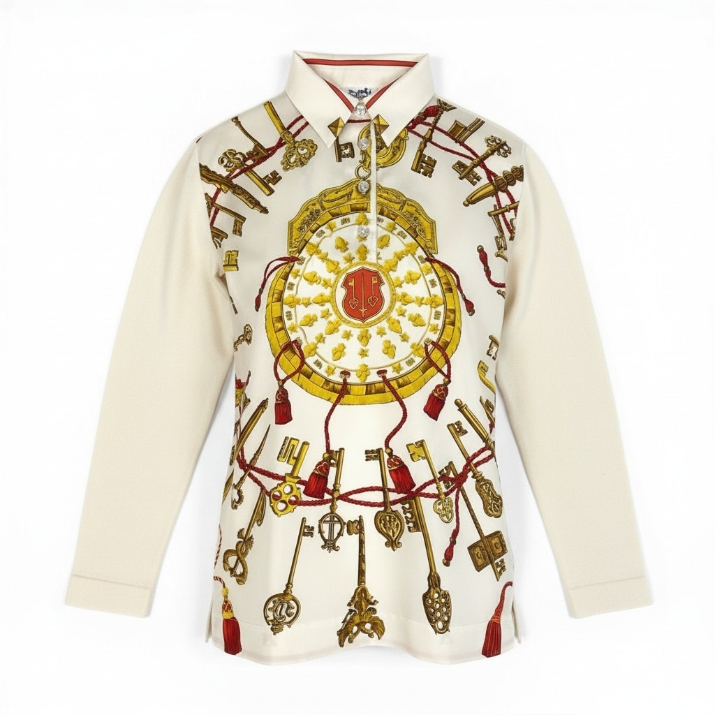 超美品 HERMES エルメス シルク切替 長袖 ホワイト シルク コットン/ カシミヤ/ ポロシャツ A3-00311 【中古】