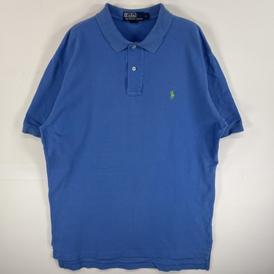 古着 90's/90年代 ポロバイラルフローレン Polo by Ralph Lauren 鹿の子 半袖 ポロシャツ ワンポイント ロゴ 刺繍 2ボタン L 水色 無地 メンズ