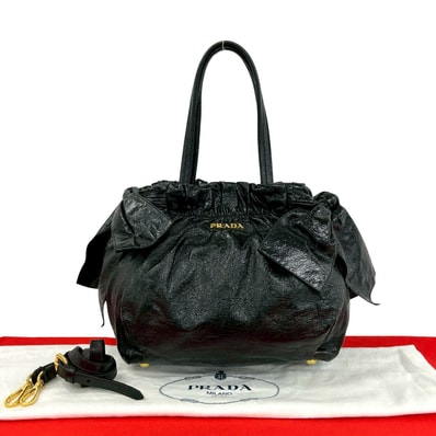 PRADA プラダ ロゴ 金具 サイドリボン 2way パテントレザー ショルダーバッグ ブラック
l22-4