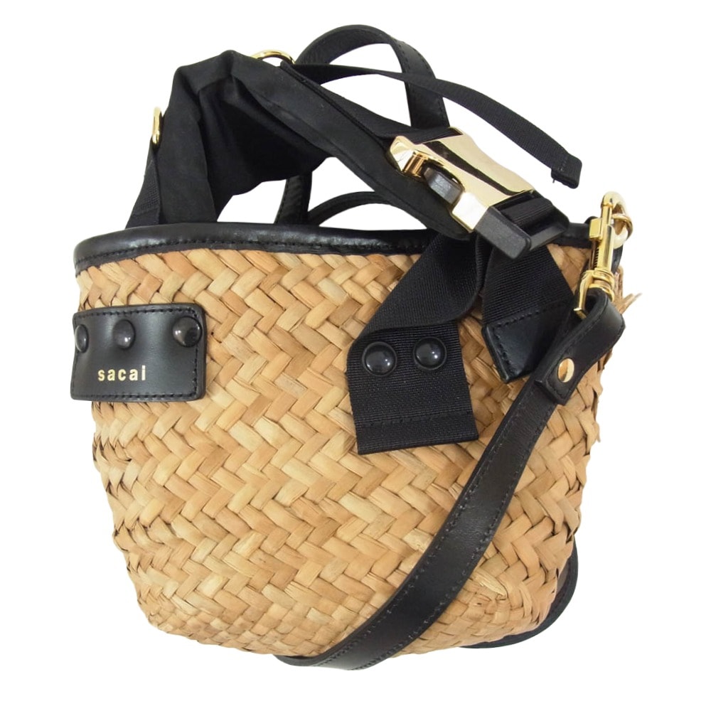 Sacai サカイ ショルダーバッグ 20SS woven style logo patch bucket bag ロゴレザーパッチ かごバッグ 2WAY マルシェ バッグ ブラック系【中古】