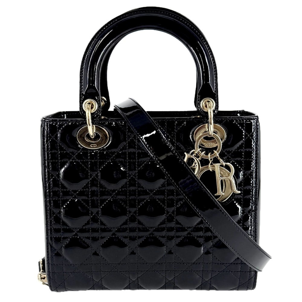 Christian Dior クリスチャンディオール 2WAY カナージュ レディディオール ミディアム ショルダーバッグ 肩掛け 斜め掛け ハンドバッグ パテントカーフスキン ブラック 黒 ゴールド金具 レディース【中古品】