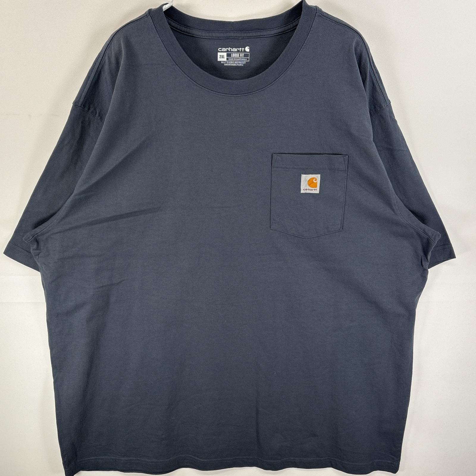 古着 カーハート Carhartt 半袖Tシャツ ワンポイント ロゴ 胸ポケ 肉厚 2XL  ネイビー系 無地 メンズ