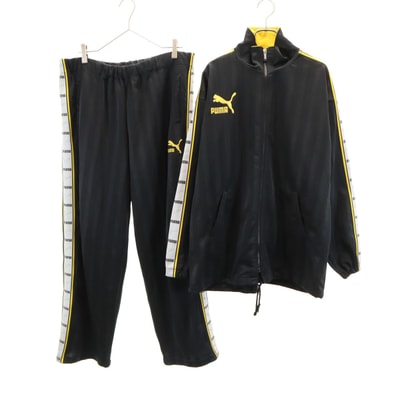 PUMA プーマ 90s 日本製 オールド ストライプ柄 トラックジャケット 上下セットアップ L-O ブラック ジャージ