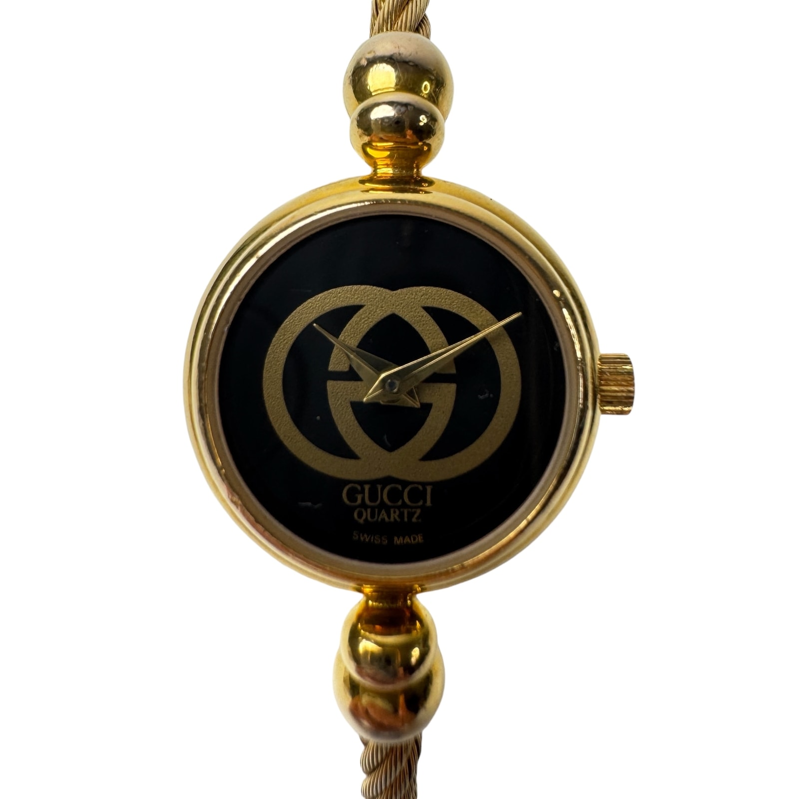 グッチ GUCCI バングルウォッチ 2047L クォーツ ゴールド 黒文字盤 電池交換済み レディース