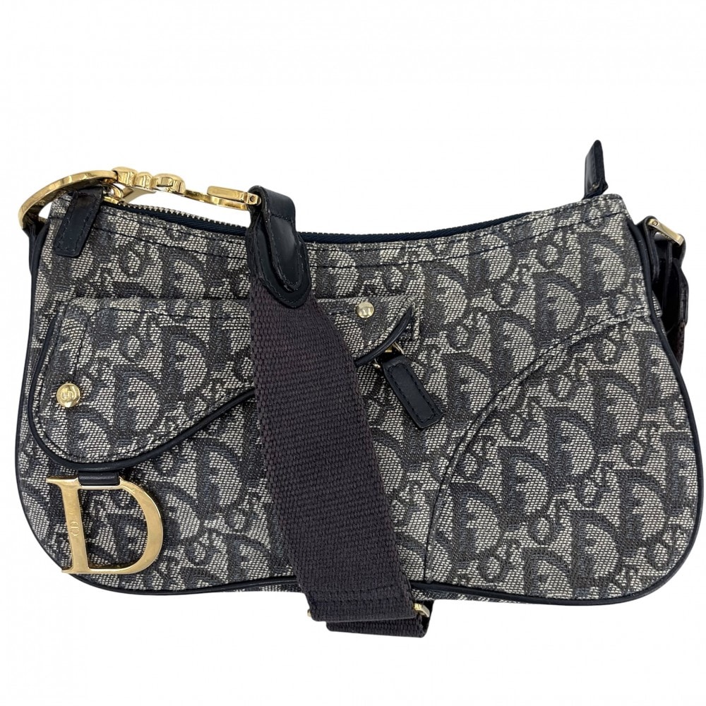 Christian Dior クリスチャンディオール ショルダーバッグ トロッター サドルバッグ キャンバス  レザー   ネイビー 紺 ゴールド金具 レディース【中古品】