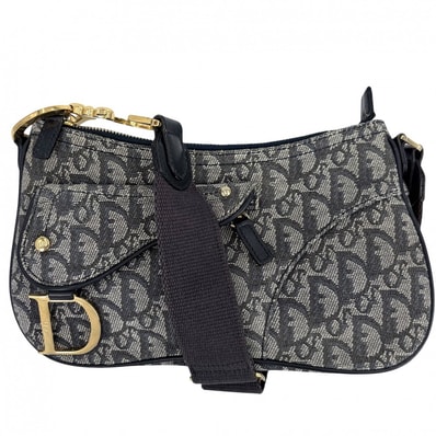 Christian Dior クリスチャンディオール ショルダーバッグ トロッター サドルバッグ キャンバス レザー ネイビー 紺 ゴールド金具 レディース【中古品】