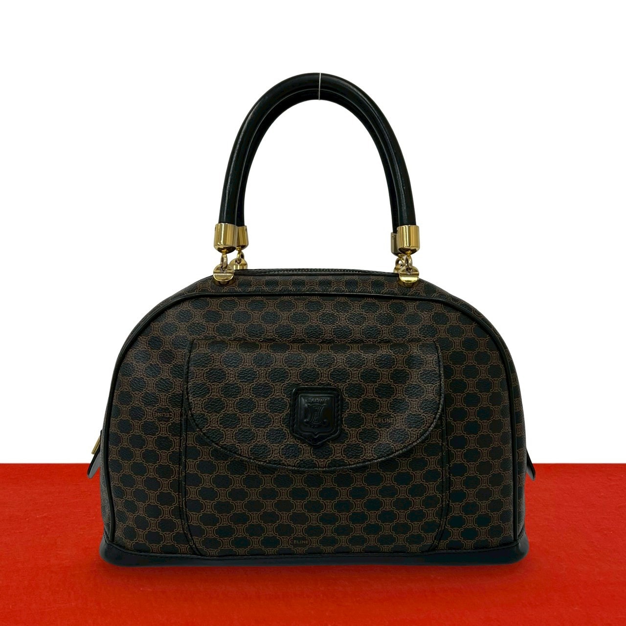 CELINE セリーヌ マカダム ブラゾン ロゴ 柄 レザー PVC ハンドバッグ ブラウン
32552