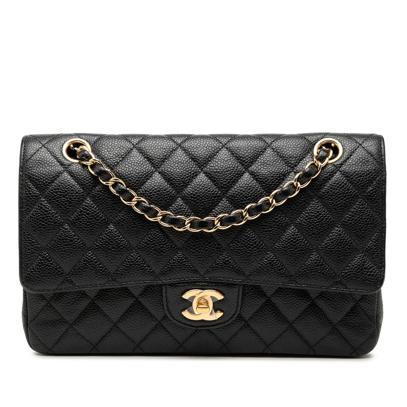 シャネル ココマーク マトラッセ25 ダブルフラップ チェーンショルダーバッグ ブラック キャビアスキン レディース CHANEL 【中古】