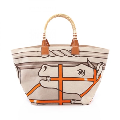 エルメス HERMES スティープル31 トートバッグ バッグ キャンバス レザー トワルアッシュ / ヴォーバレニア / ストロー トワルアッシュ エクリュ □Q刻印(2013年製造) レディース ベージュ系 / マルチカラー