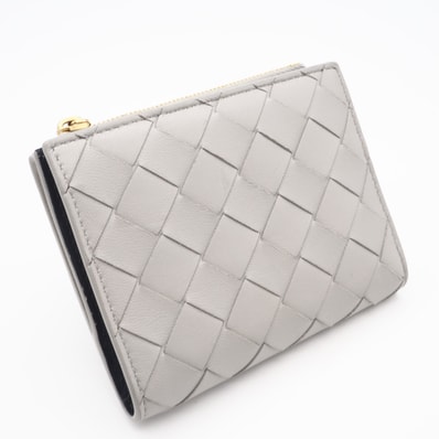 美品 BOTTEGAVENETA ボッテガヴェネタ イントレチャート中 レザー 二つ折り財布 749940 二つ折り財布 グレー ラムスキン メンズ