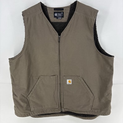 古着 カーハート Carhartt ダック ベスト ロゴ フルジップ 大きいサイズ ワンポイント ワーク ボアライナー 2XL グレー系 メンズ