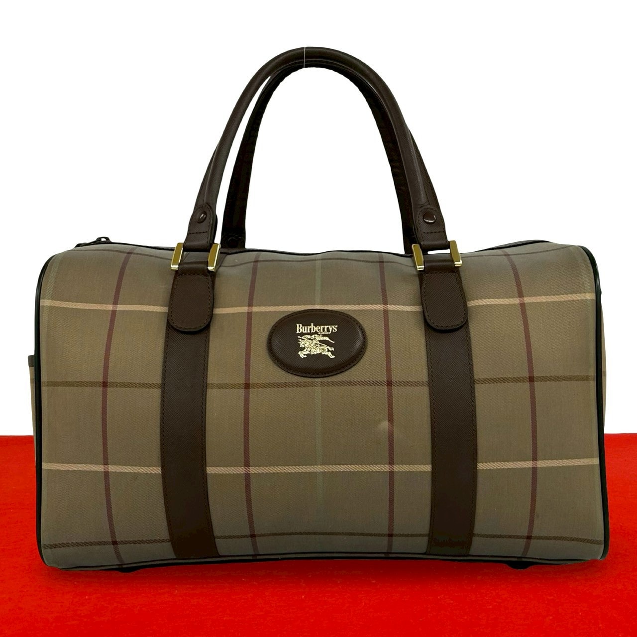 BURBERRY バーバリー シャドーホース ロゴ ノバチェック 柄 キャンバス レザー ボストンバッグ カーキ
 59560