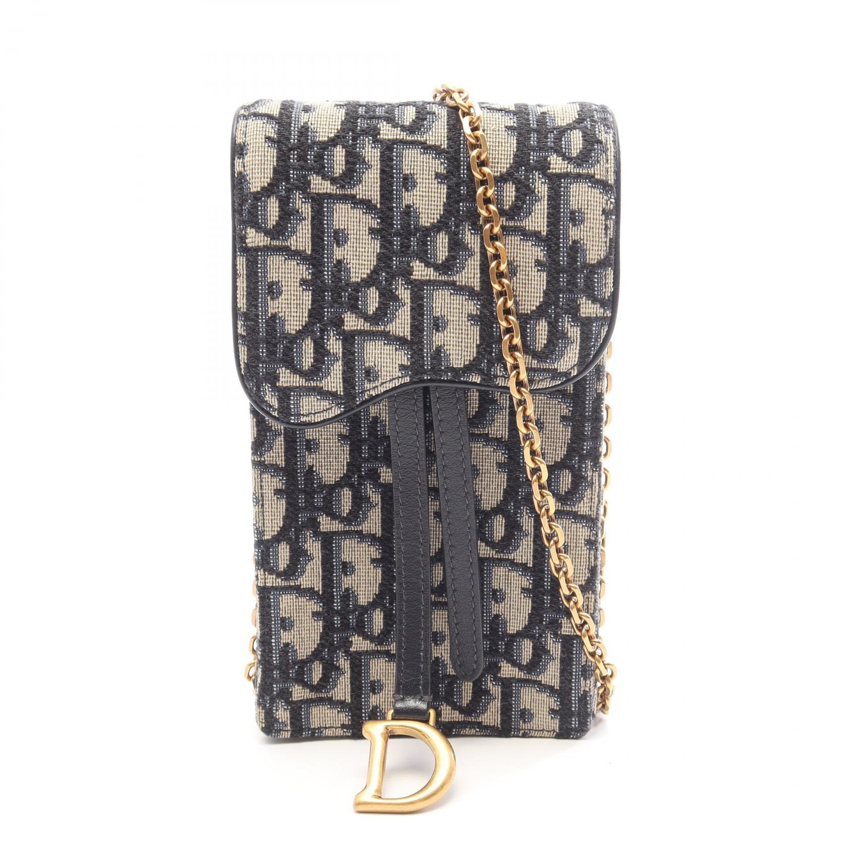 ディオール Dior オブリーク バーティカル サドルポーチ ショルダーバッグ バッグ キャンバス レザー メンズ レディース ベージュ系 / ネイビー系 【中古】