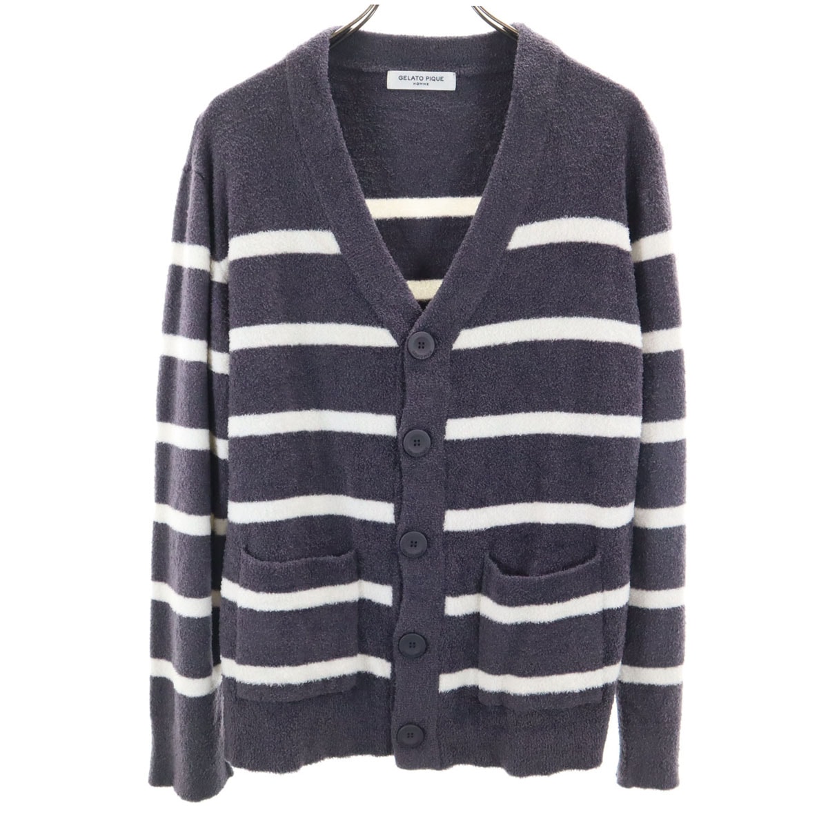 GELATO PIQUE HOMME ジェラートピケオム ボーダー柄 長袖 Vネック カーディガン M チャコール ルームウェア