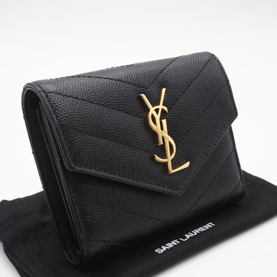 美品 YVES SAINT LAURENT イヴ・サンローラン レザー モノグラム マルチフォールドウォレット GNC692061 三つ折り財布 ブラック カーフレザー レディース