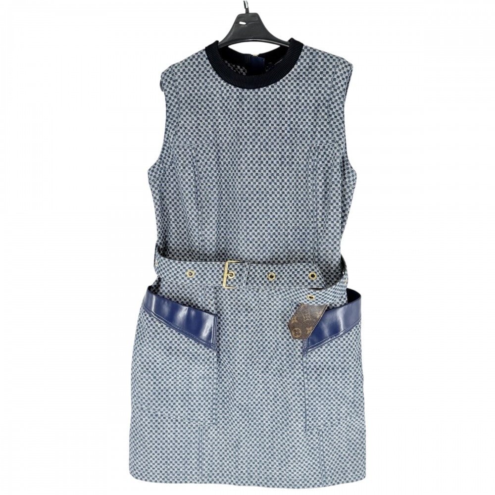 LOUIS VUITTON ルイヴィトン ワンピース ノースリーブ ジップアップ オールインワン デニム ダミエ モノグラム 服 アパレル 44 ブルー 青 ブラック 黒 ゴールド金具 コットン  レザー  モノグラム  レディース 春 夏【中古品】