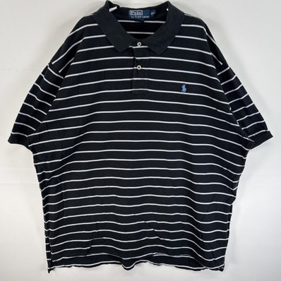 古着 90's/90年代 ポロバイラルフローレン Polo by Ralph Lauren 半袖 ポロシャツ ワンポイント ロゴ 刺繍 大きいサイズ 2ボタン 14041 ブラック系 ボーダー メンズ