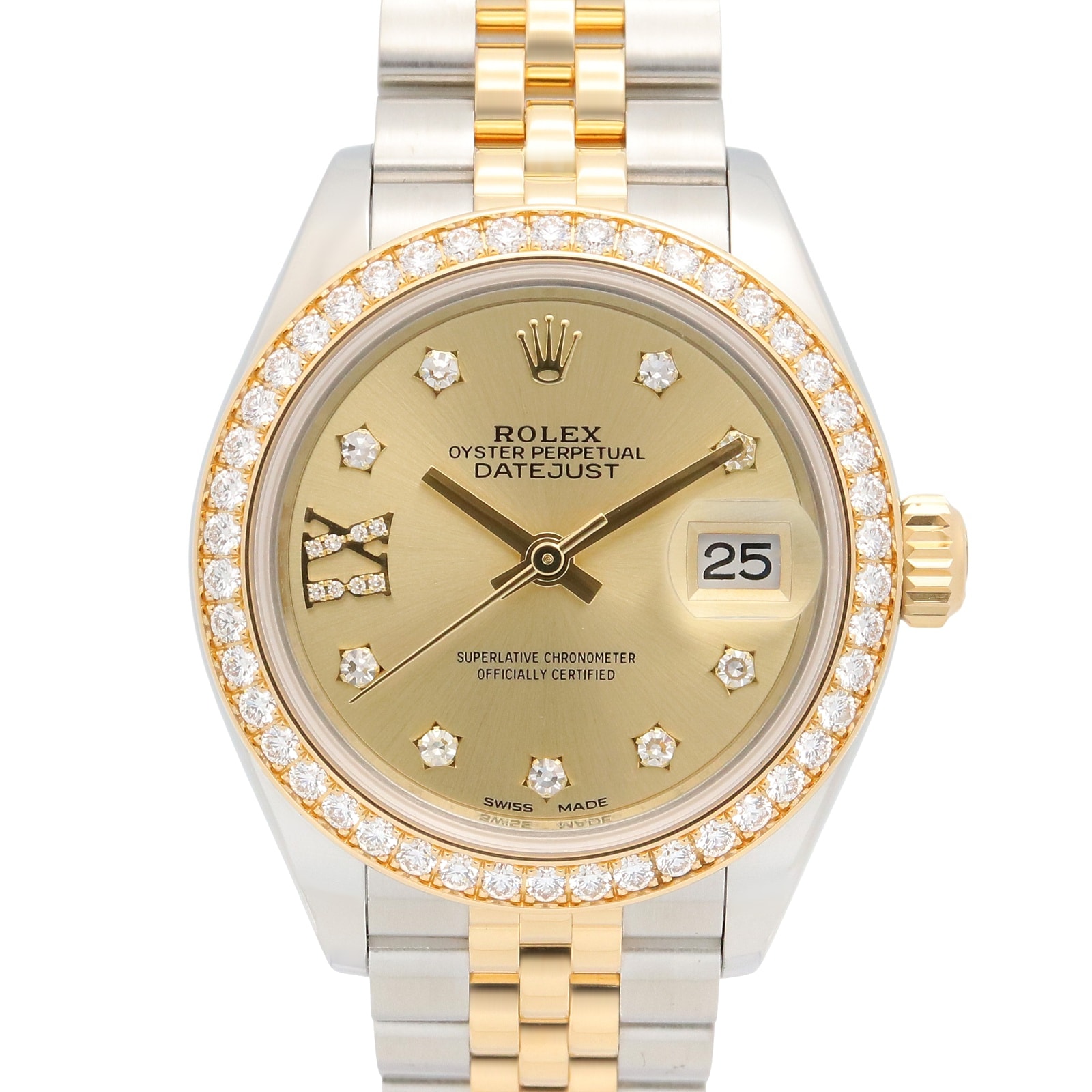ロレックス ROLEX デイトジャスト IXダイヤ/ダイヤベゼル ランダム番 腕時計 時計 K18(イエローゴールド) ステンレススチール ダイヤモンド レディース ゴールド系 シャンパン 279383RBR 【中古】