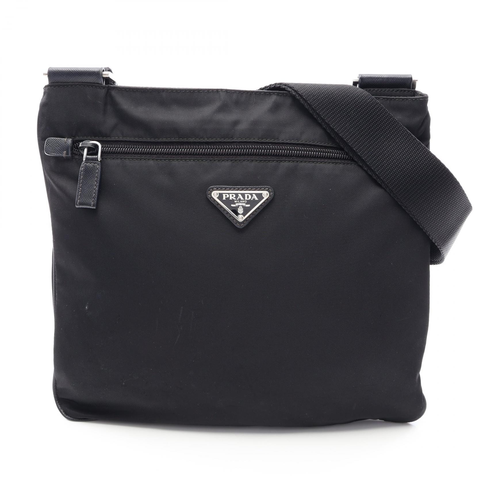 プラダ PRADA 三角プレート ショルダーバッグ バッグ ナイロン サフィアーノレザー レディース ブラック系 【中古】