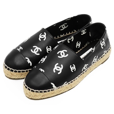 【美品】CHANEL シャネル エスパドリーユ サイズ 36C レディース 2022SS Espadrilles レザー × ジュート シグネチャー ロゴ COCOマーク プリント スリッポン シューズ 靴 箱/袋付属 ブラック 黒 スペイン製 G38628