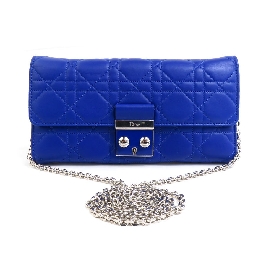 クリスチャンディオール Christian Dior ウォレットチェーン カナージュ レザー ブルー シルバー レディース【中古】 e60064g
