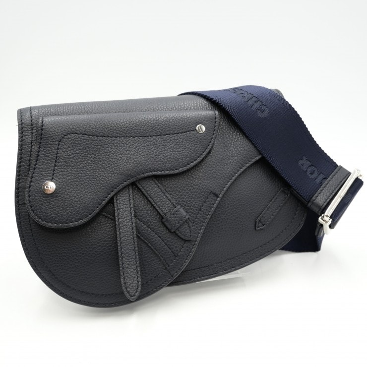DIOR(ディオール)サドル ポーチ ショルダーバッグ ブラック グレインドカーフスキン レザー シルバー金具 メンズ レディース 【中古】