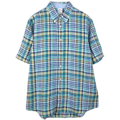 古着 ブルックスブラザーズ Brooks Brothers 1818 チェック柄 半袖 リネン ボタンダウンシャツ メンズXL相当/eaa655800
