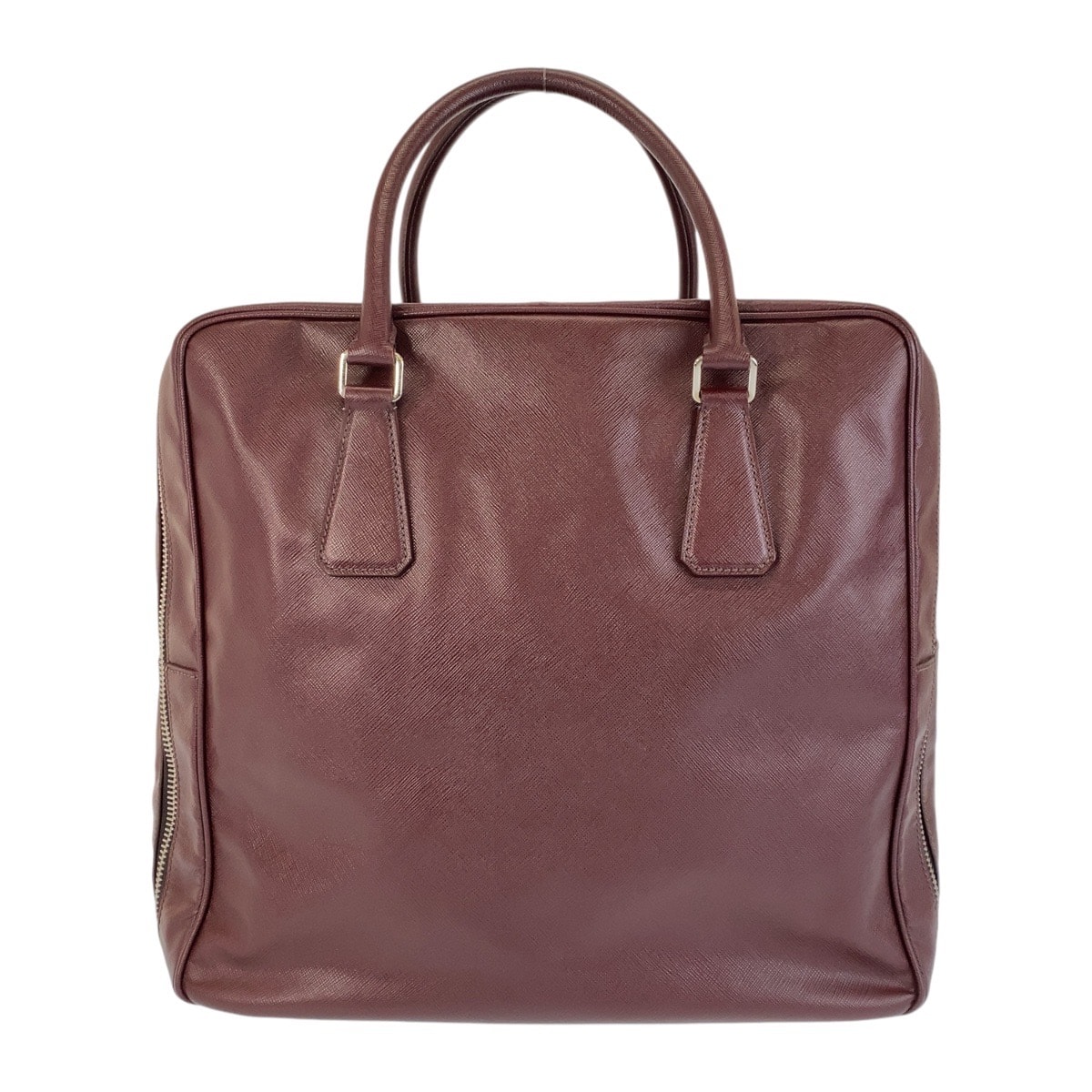美品 PRADA プラダ サフィアーノ 三角ロゴプレート ワインレッド シルバー金具 レザー ボストンバッグ ビジネスバッグ 411162 【中古】