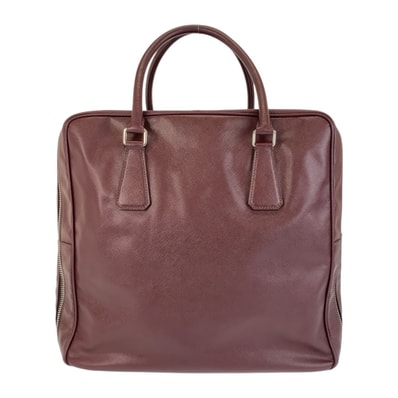 美品 PRADA プラダ サフィアーノ 三角ロゴプレート ワインレッド シルバー金具 レザー ボストンバッグ ビジネスバッグ 411162 【中古】