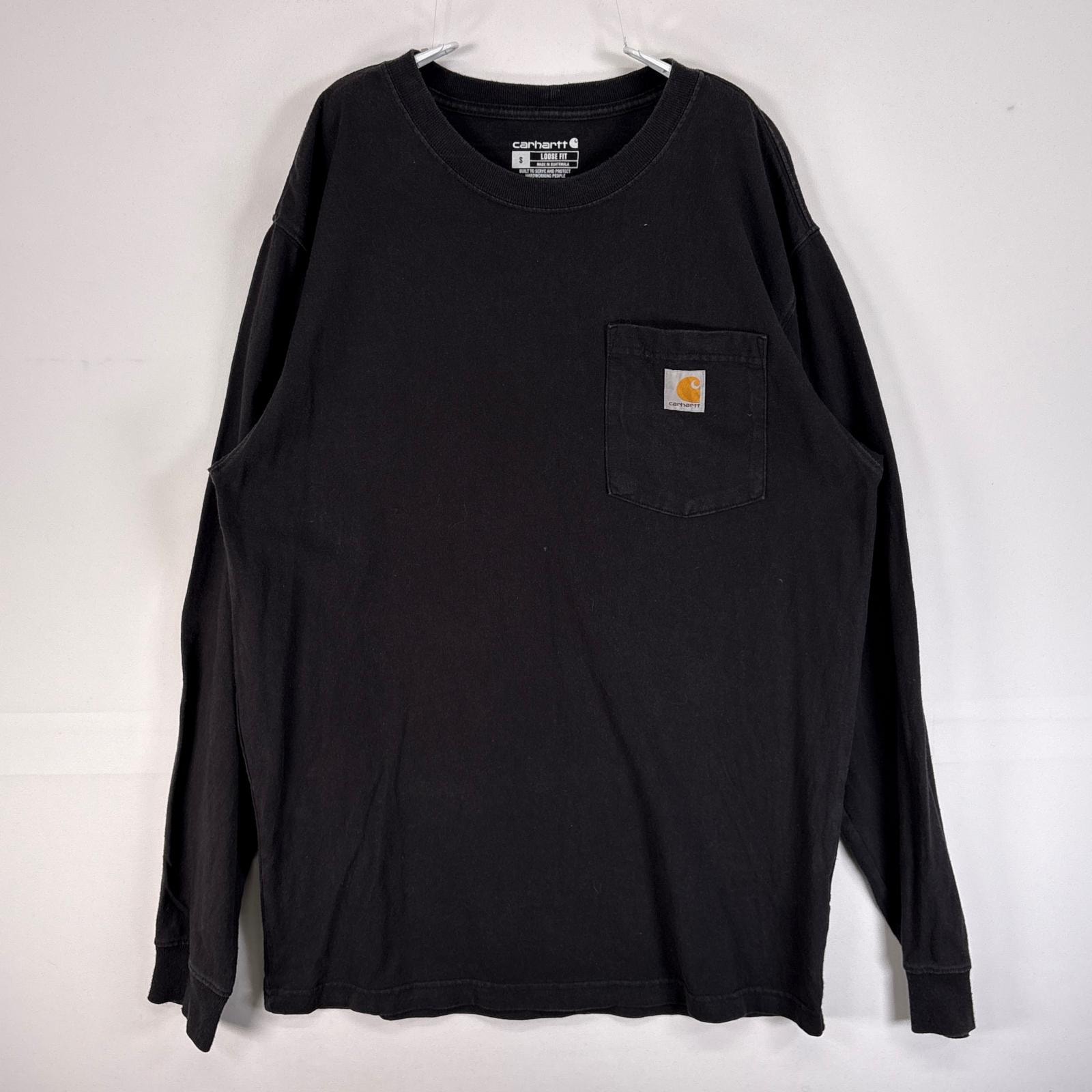 古着 カーハート Carhartt 長袖Tシャツ 肉厚 フェード ワンポイント ロゴ 胸ポケ S  ブラック 無地 メンズ
