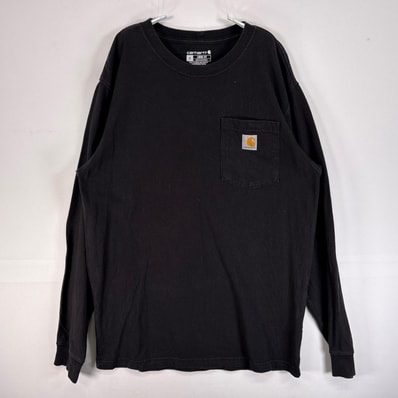古着 カーハート Carhartt 長袖Tシャツ 肉厚 フェード ワンポイント ロゴ 胸ポケ S ブラック 無地 メンズ