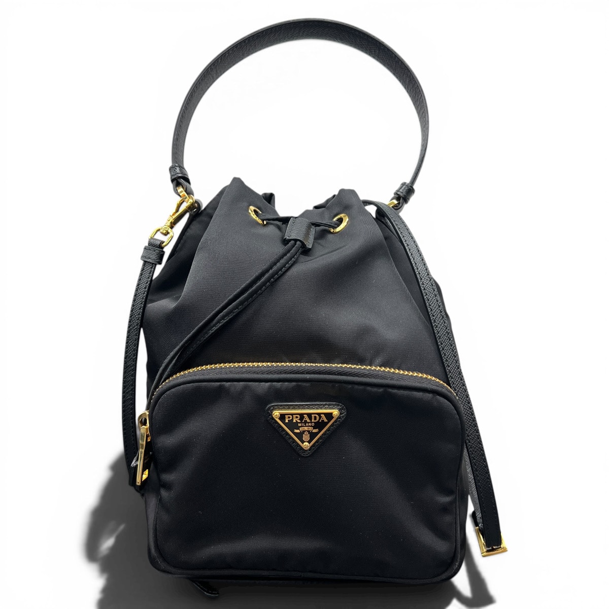 PRADA 極美品 プラダ デュエット Re-Nylon バケットバッグ 2way ハンドバッグ ショルダーバッグ 1BH038 ナイロン レザー ブラック トライアングルロゴ 三角プレート ロゴプレート リナイロン Aランク 鑑定済 中古 b26050402