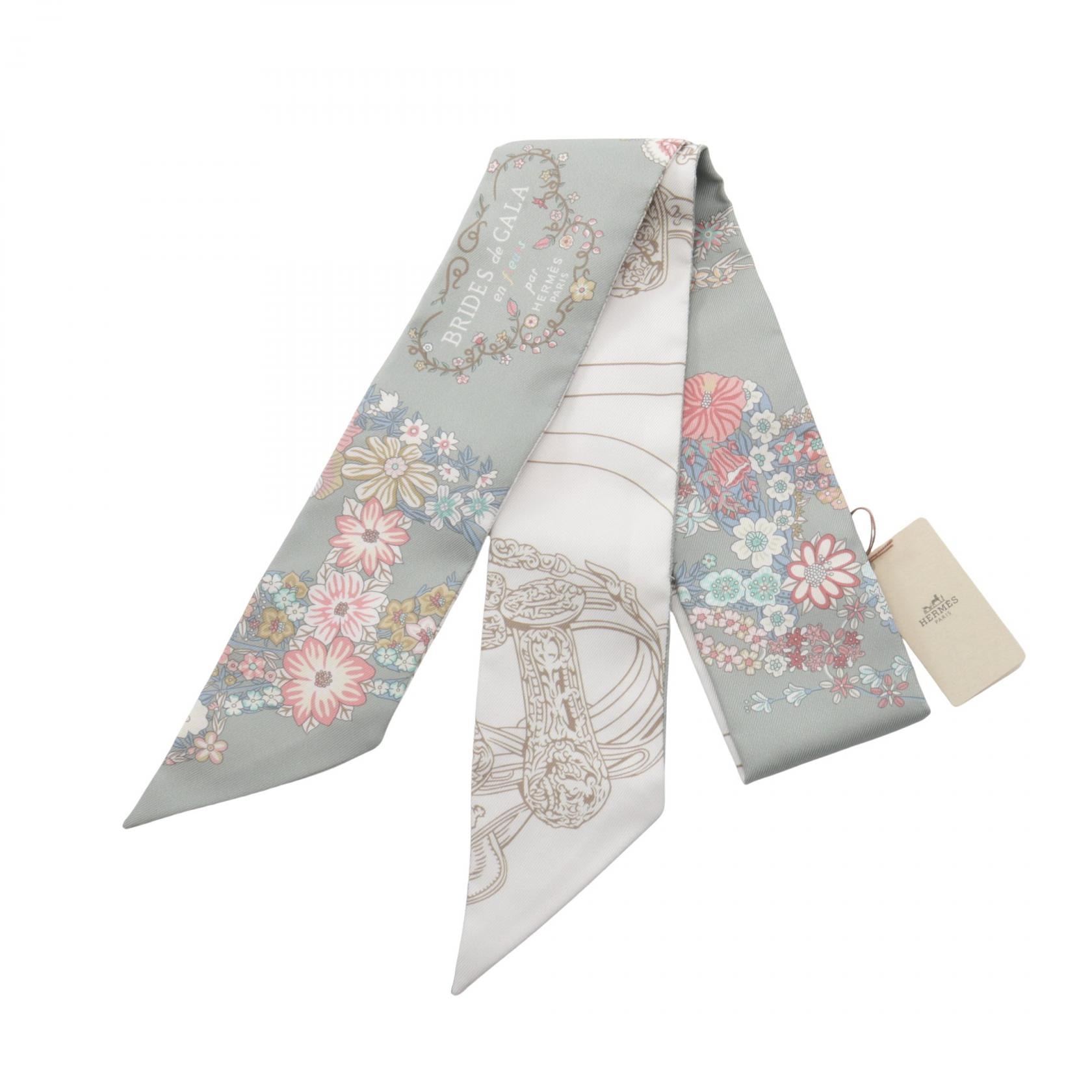 エルメス HERMES ツイリー BRIDES de GALA en fleurs リボン スカーフ 衣料品 シルク シルク レディース ホワイト系 / グリーン系 / マルチカラー 【中古】