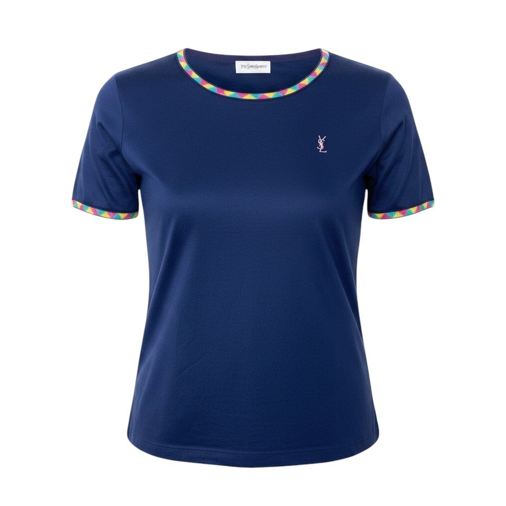 YVES SAINT LAURENT イヴ サンローラン YSLロゴ刺繍 カットソー ネイビー コットン 半袖Tシャツ A3-00341 【中古】