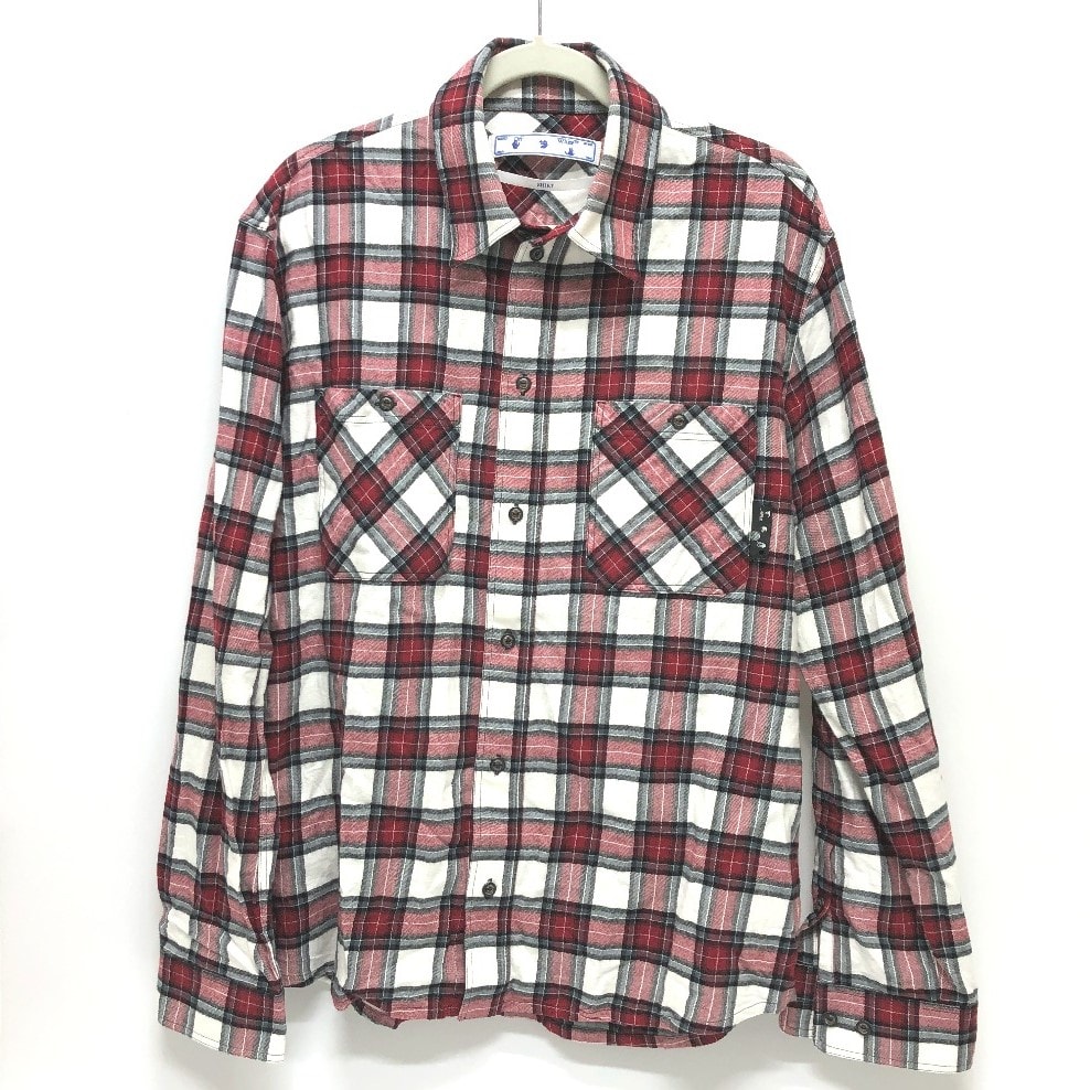 オフホワイト OFF-WHITE スプレー チェック柄 長袖 アパレル トップス ボタンシャツ 長袖シャツ コットン レッド