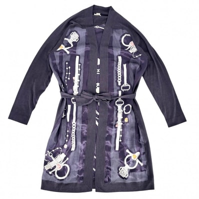 HERMES エルメス カーディガン ツイルレーヌ ETUDE POUR UNE PARURE DE GALA 正装のエチュード ロングカーディガン ニット切り替え アパレル 服 38 パープル系 シルク カシミヤ レディース 春 秋 美品【中古品】