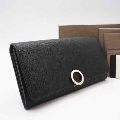 極美品 BVLGARI ブルガリ カーフレザー ブルガリ ブルガリ ラージウォレット 280526 長財布 ブラック グレインカーフレザー メンズ
