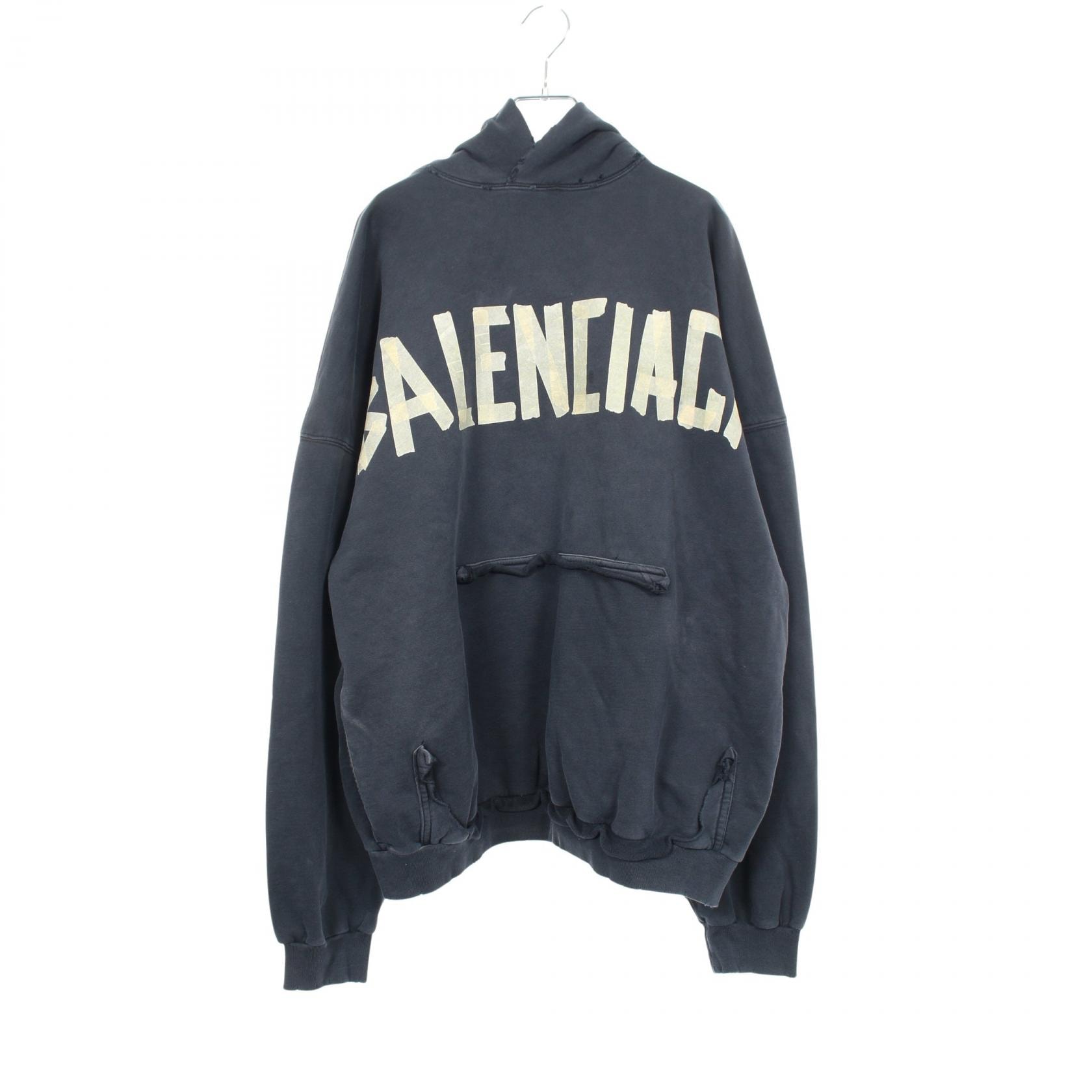 バレンシアガ BALENCIAGA TAPE TYPE RIPPED POCKET HOODIE ダメージ加工 パーカー 衣料品 トップス コットン メンズ レディース ブラック系 744190 【中古】
